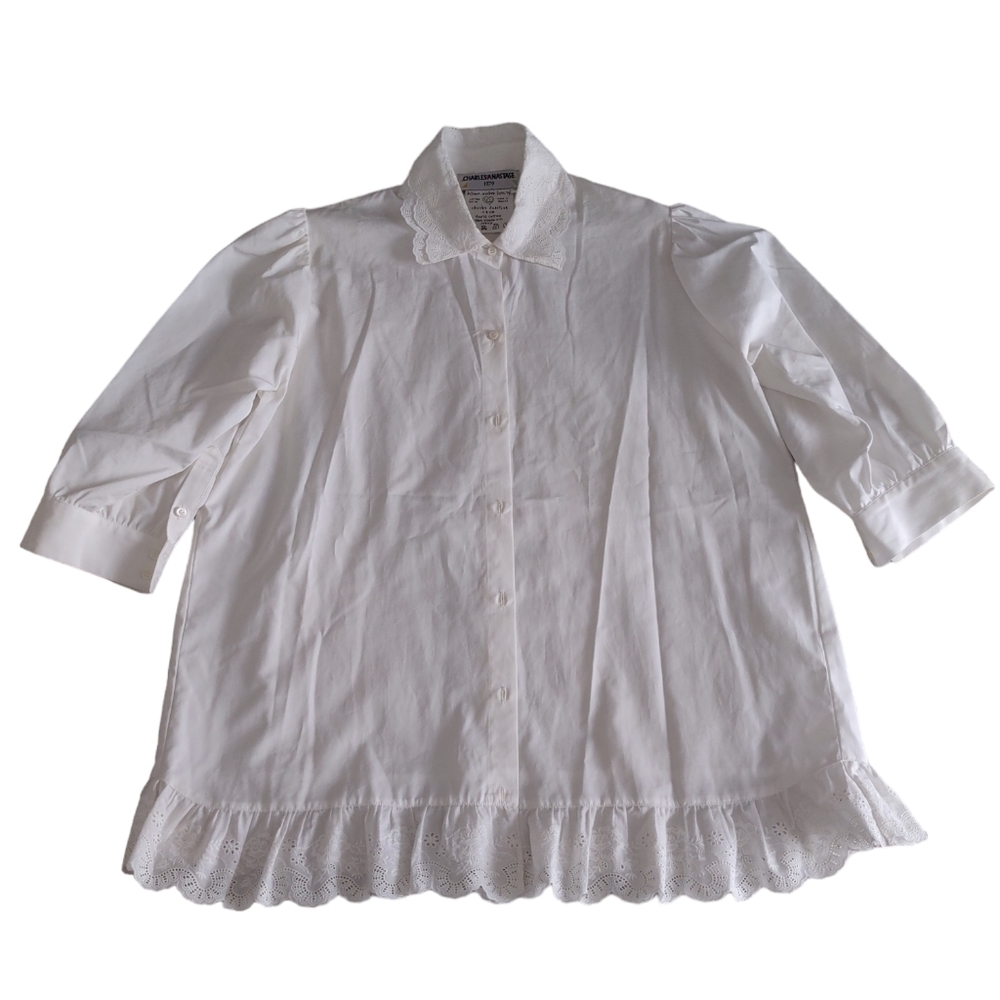 Charles Anastase 1979 Size M Floral Lace Trim Button Front Top